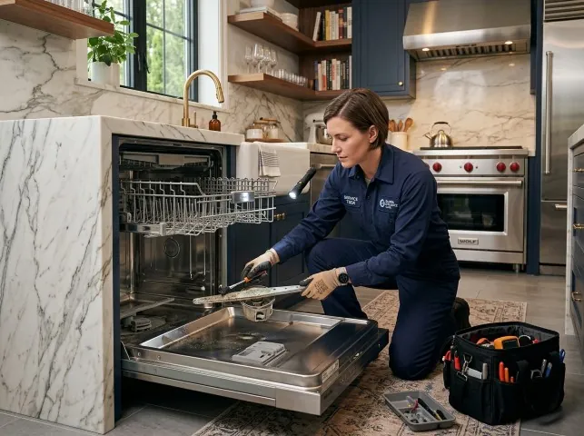 Appliance Repair Hero technician servicing a built-in dishwasher in a Brentwood, NY kitchen