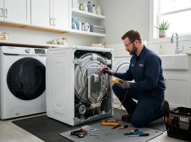 Appliance Repair Hero technician checking a dryer heating element with the rear panel off in Brentwood, NY