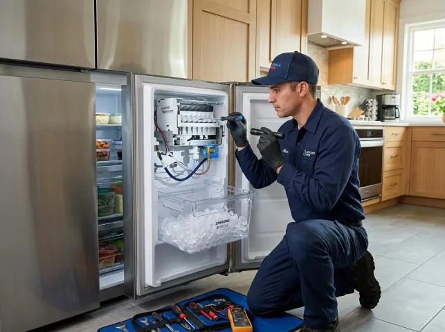 Appliance Repair Hero technician repairing a refrigerator ice maker in Brentwood, NY