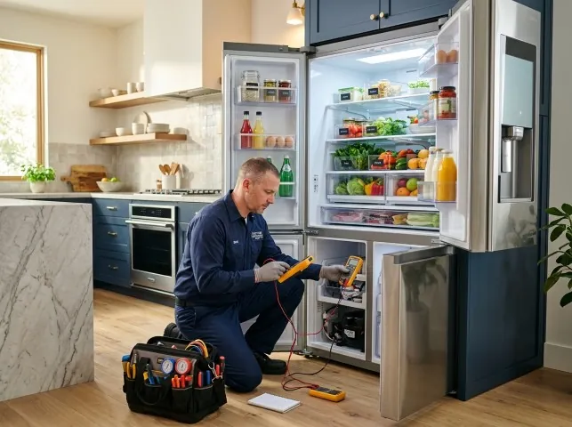 Appliance Repair Hero refrigerator technician testing a fridge on a Brentwood, NY service call