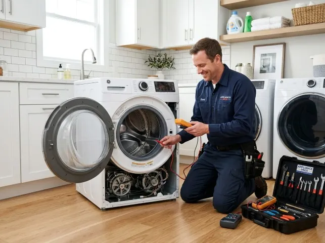 Appliance Repair Hero technician testing a front-load washer with a multimeter on a Brentwood, NY service call